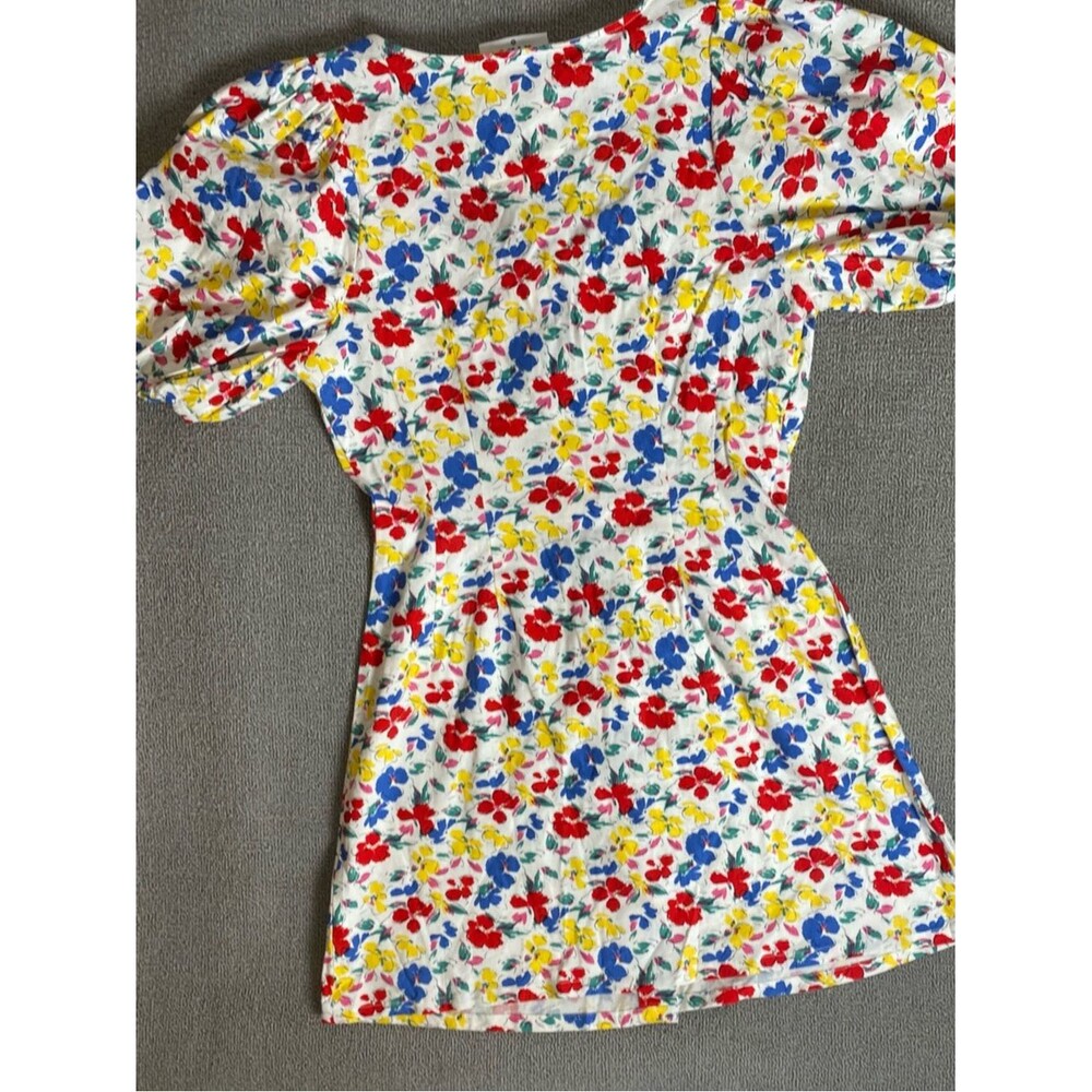 Rixo Floral Linen Blend Mini Summer Dress Puff Sleeves- Bold Spring Whimsical - Picture 2 of 7